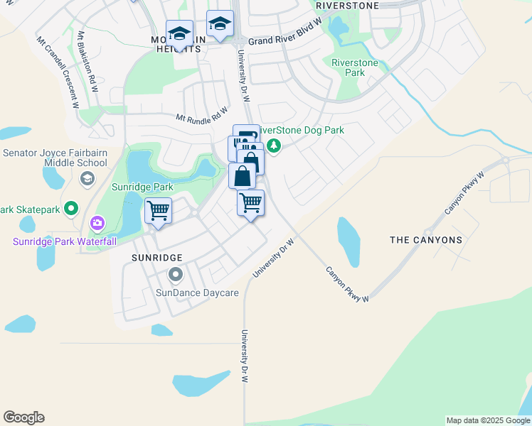 map of restaurants, bars, coffee shops, grocery stores, and more near 313 Mount Sundance Landing West in Lethbridge