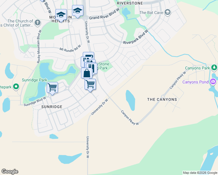 map of restaurants, bars, coffee shops, grocery stores, and more near 352 Rivergrove Chase West in Lethbridge