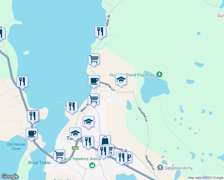 map of restaurants, bars, coffee shops, grocery stores, and more near 1 Hospital Lane in Twillingate