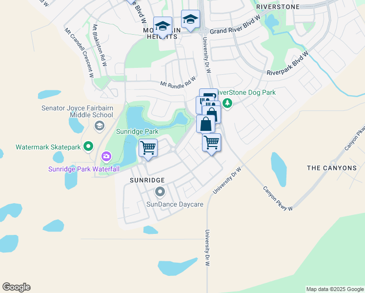 map of restaurants, bars, coffee shops, grocery stores, and more near 12 Sunridge Boulevard West in Lethbridge