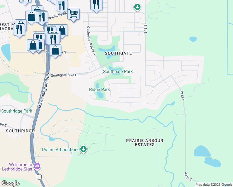 map of restaurants, bars, coffee shops, grocery stores, and more near 326 Sixmile Lane South in Lethbridge