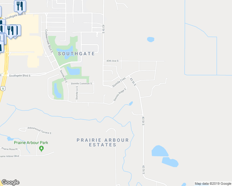 map of restaurants, bars, coffee shops, grocery stores, and more near 275 Sixmile Ridge South in Lethbridge