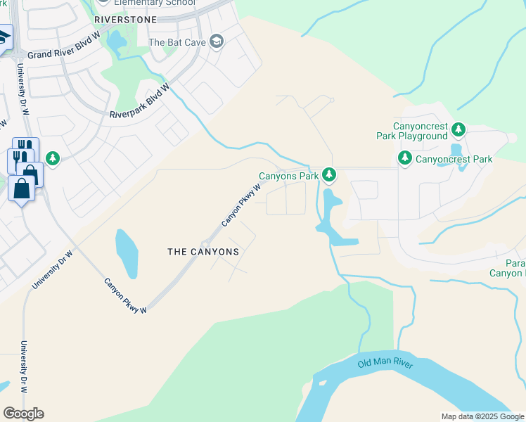 map of restaurants, bars, coffee shops, grocery stores, and more near 35 Canyon Estates Place in Lethbridge