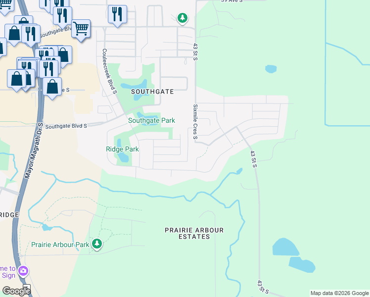 map of restaurants, bars, coffee shops, grocery stores, and more near 232 Sixmile Common South in Lethbridge
