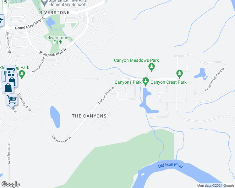 map of restaurants, bars, coffee shops, grocery stores, and more near Canyon Estates Place in Lethbridge