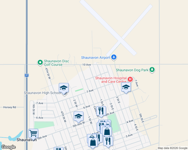map of restaurants, bars, coffee shops, grocery stores, and more near 808 1 Street East in Shaunavon