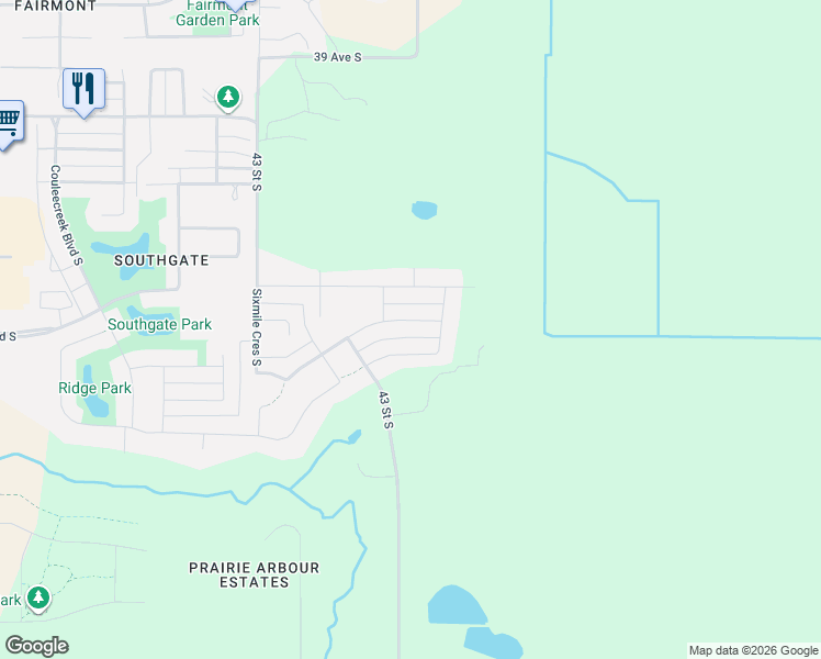 map of restaurants, bars, coffee shops, grocery stores, and more near 717 Sixmile Crescent in Lethbridge