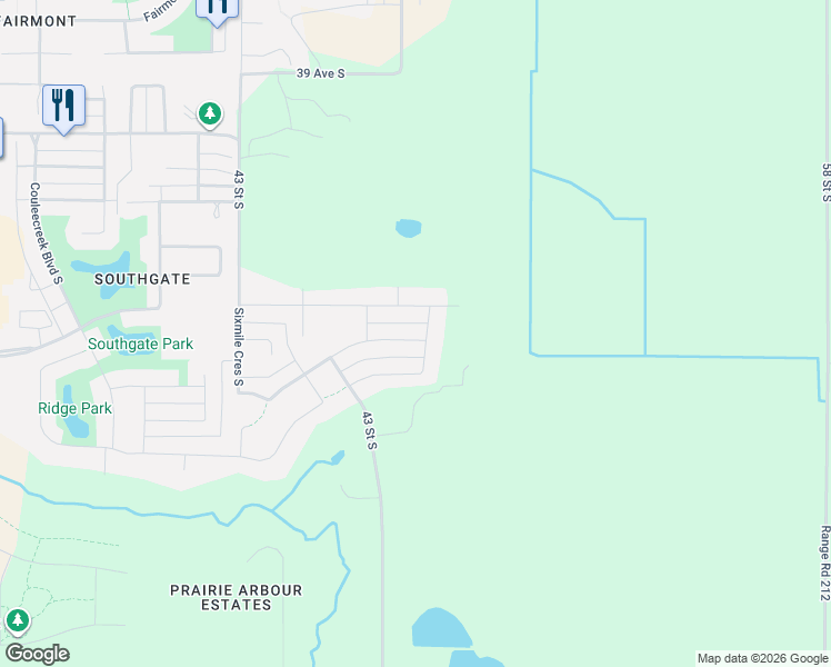 map of restaurants, bars, coffee shops, grocery stores, and more near 717 Sixmile Crescent in Lethbridge