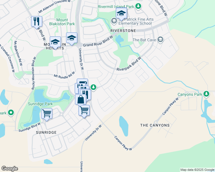 map of restaurants, bars, coffee shops, grocery stores, and more near 42 Riverglen Link in Lethbridge