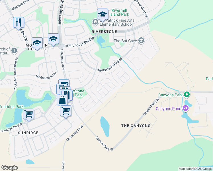 map of restaurants, bars, coffee shops, grocery stores, and more near 106 Riverpark Boulevard West in Lethbridge