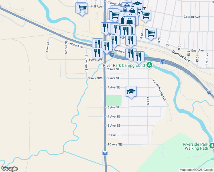 map of restaurants, bars, coffee shops, grocery stores, and more near in Weyburn