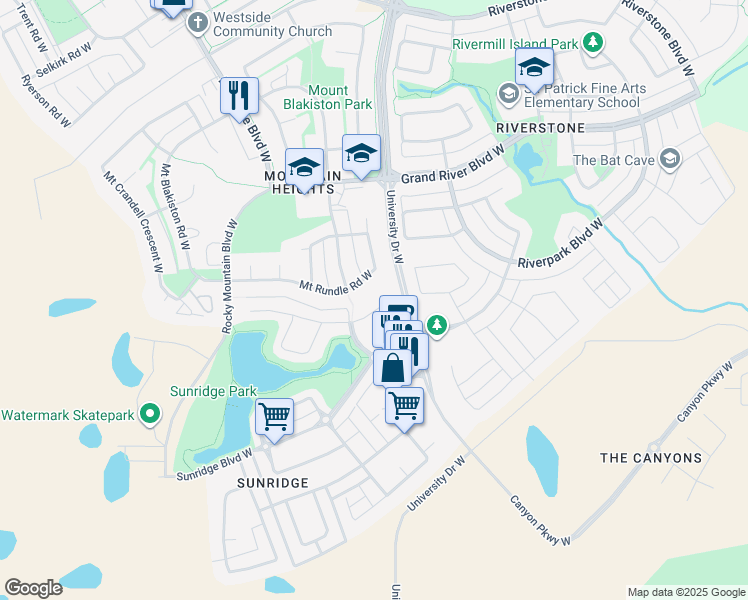 map of restaurants, bars, coffee shops, grocery stores, and more near 231 Mount Sunburst Place West in Lethbridge