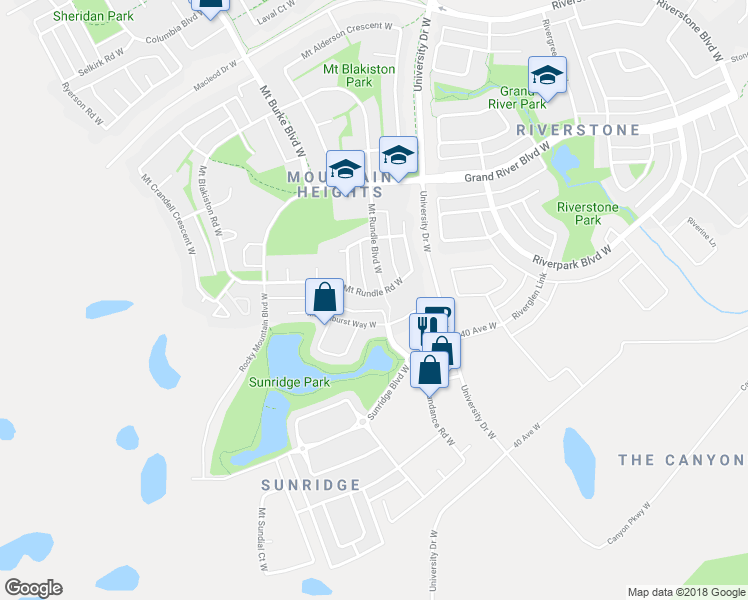 map of restaurants, bars, coffee shops, grocery stores, and more near 110 Mount Rundle Road West in Lethbridge