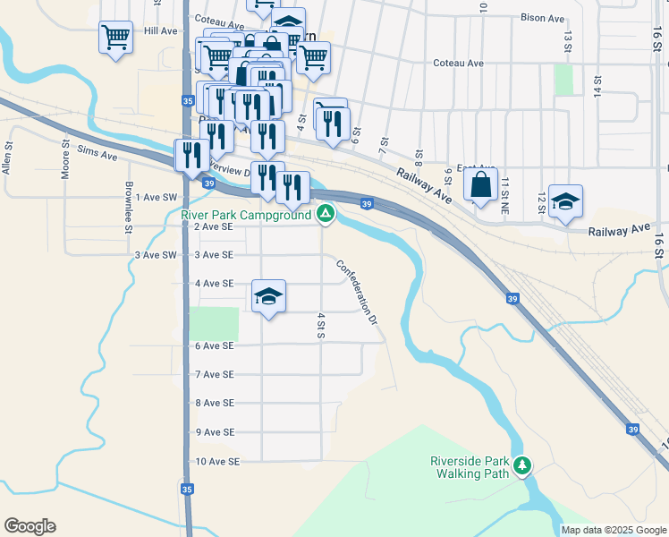 map of restaurants, bars, coffee shops, grocery stores, and more near 312 Confederation Drive in Weyburn