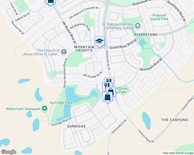 map of restaurants, bars, coffee shops, grocery stores, and more near 110 Mount Rundle Road West in Lethbridge
