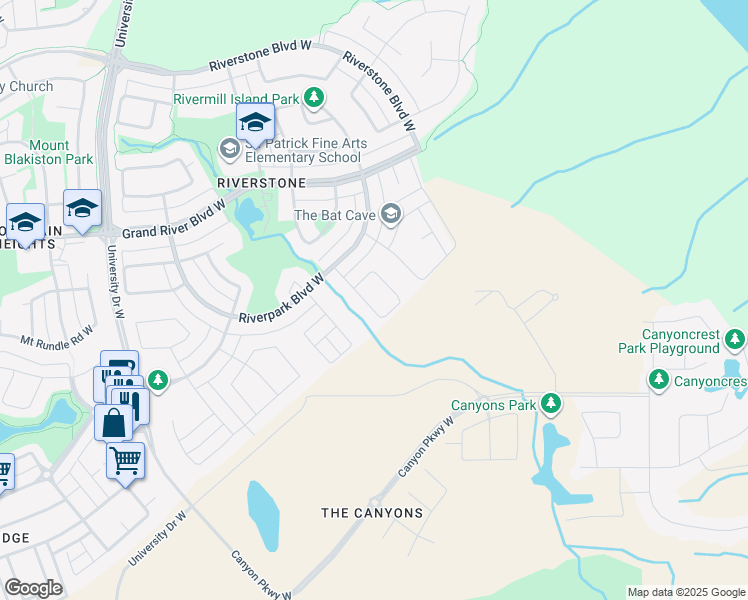 map of restaurants, bars, coffee shops, grocery stores, and more near 39 Riverine Lane in Lethbridge