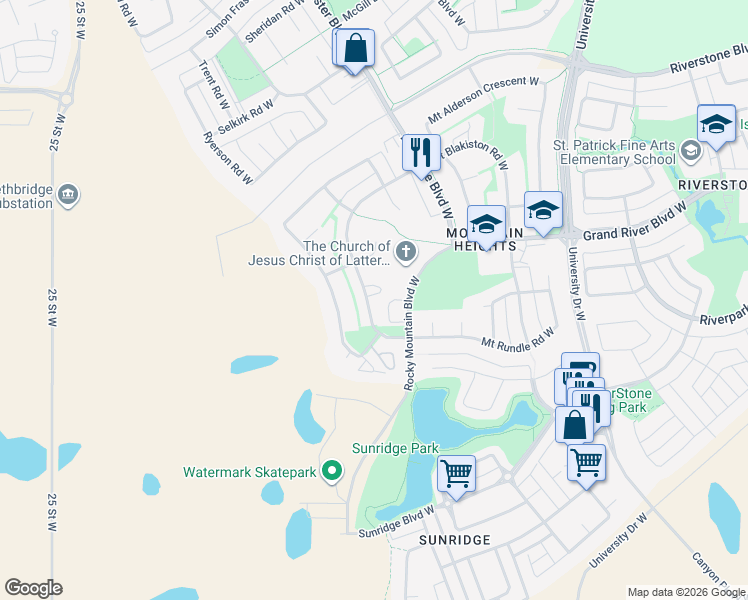 map of restaurants, bars, coffee shops, grocery stores, and more near 216 Mount Blakiston Road West in Lethbridge