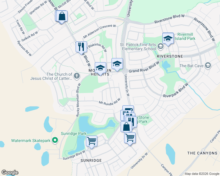 map of restaurants, bars, coffee shops, grocery stores, and more near Mount Rundle Boulevard West in Lethbridge