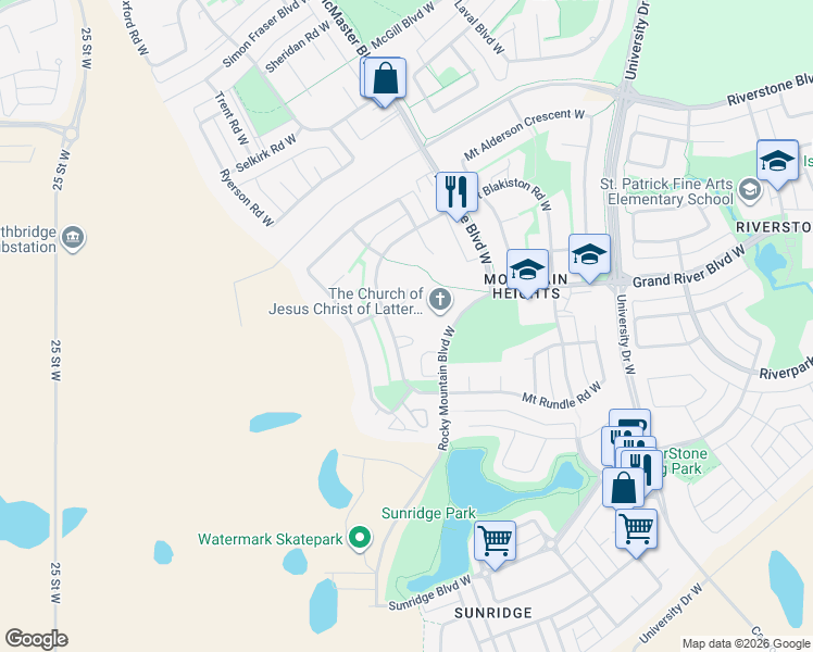 map of restaurants, bars, coffee shops, grocery stores, and more near 216 Mount Blakiston Road West in Lethbridge