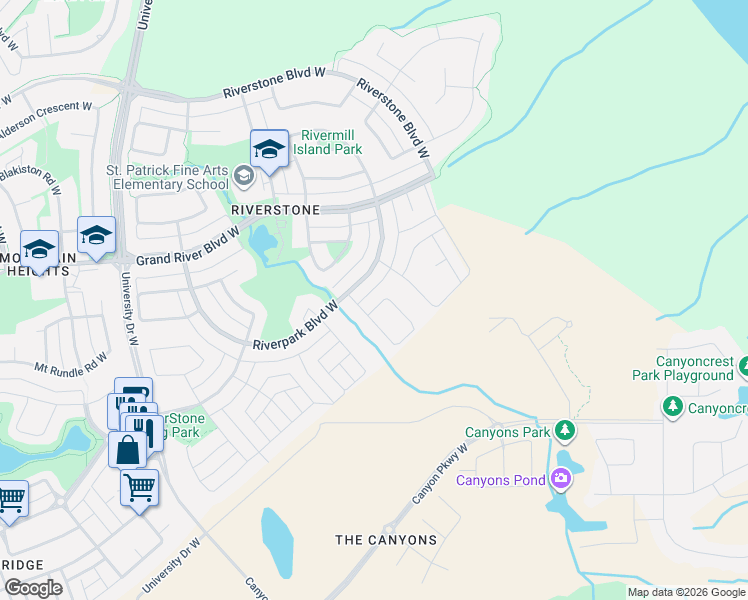 map of restaurants, bars, coffee shops, grocery stores, and more near 39 Riverine Lane in Lethbridge