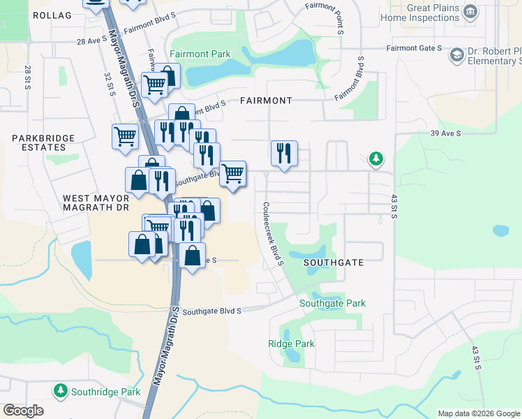 map of restaurants, bars, coffee shops, grocery stores, and more near 418 Couleecreek Boulevard South in Lethbridge