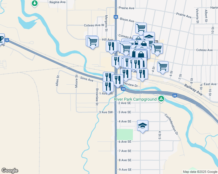 map of restaurants, bars, coffee shops, grocery stores, and more near 53 Government Road in Weyburn