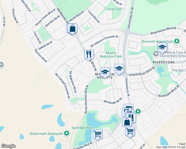 map of restaurants, bars, coffee shops, grocery stores, and more near 94 Mount Burke Boulevard West in Lethbridge