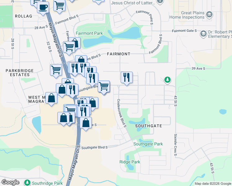 map of restaurants, bars, coffee shops, grocery stores, and more near 3515 Mayor Magrath Drive South in Lethbridge