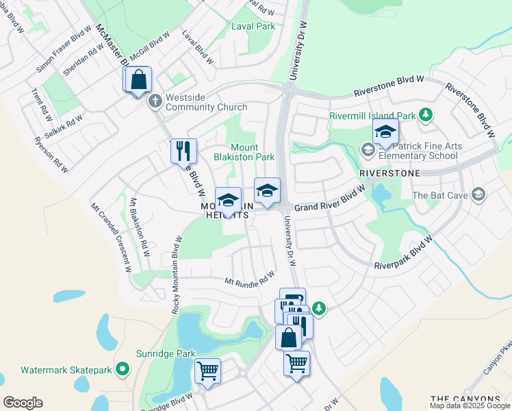map of restaurants, bars, coffee shops, grocery stores, and more near 17 Rocky Mountain Boulevard West in Lethbridge