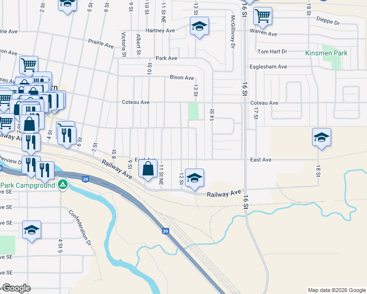 map of restaurants, bars, coffee shops, grocery stores, and more near 91 13 Street in Weyburn