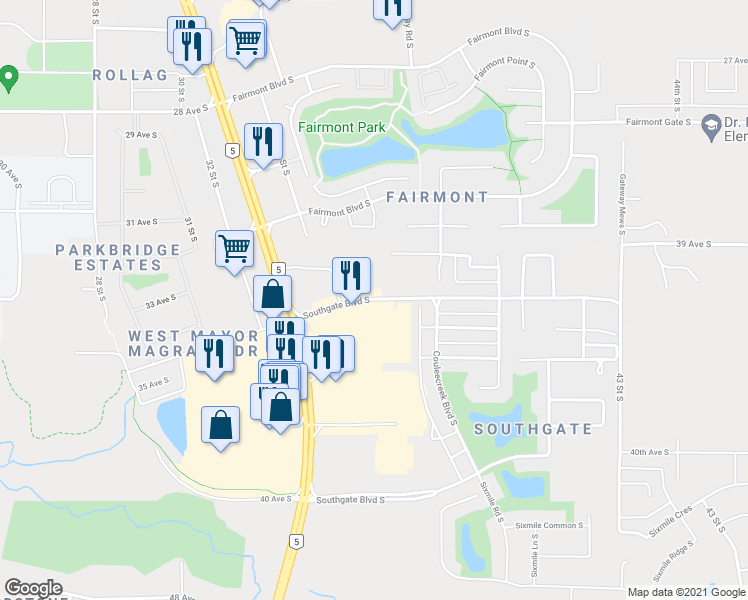 map of restaurants, bars, coffee shops, grocery stores, and more near 44 Southgate Boulevard South in Lethbridge