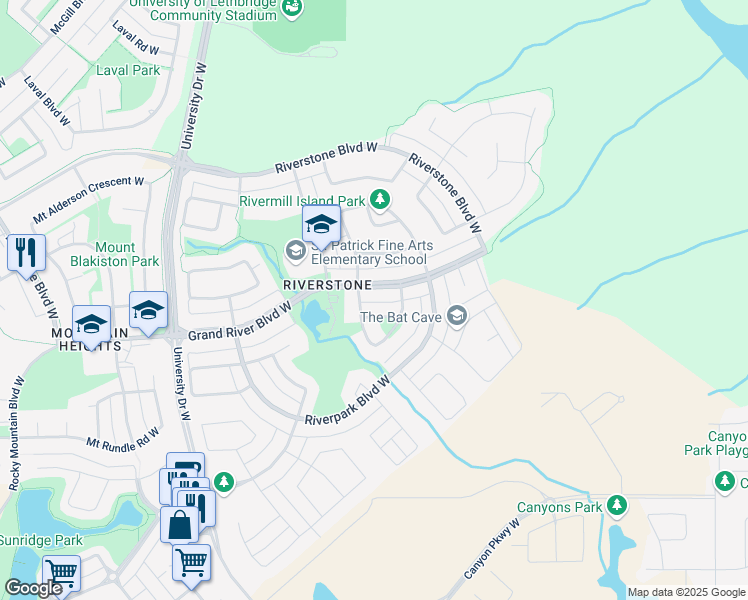 map of restaurants, bars, coffee shops, grocery stores, and more near 128 Grand River Boulevard West in Lethbridge