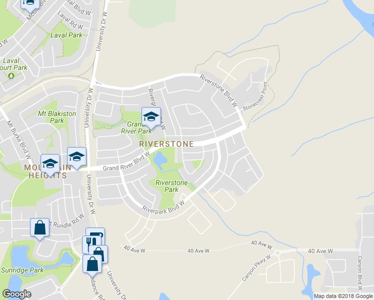 map of restaurants, bars, coffee shops, grocery stores, and more near 128 Grand River Boulevard West in Lethbridge