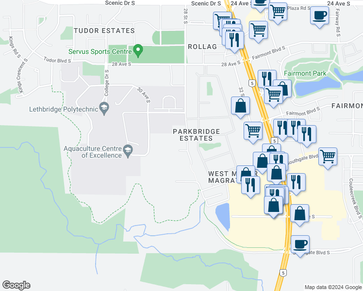 map of restaurants, bars, coffee shops, grocery stores, and more near 3302 28 Street South in Lethbridge