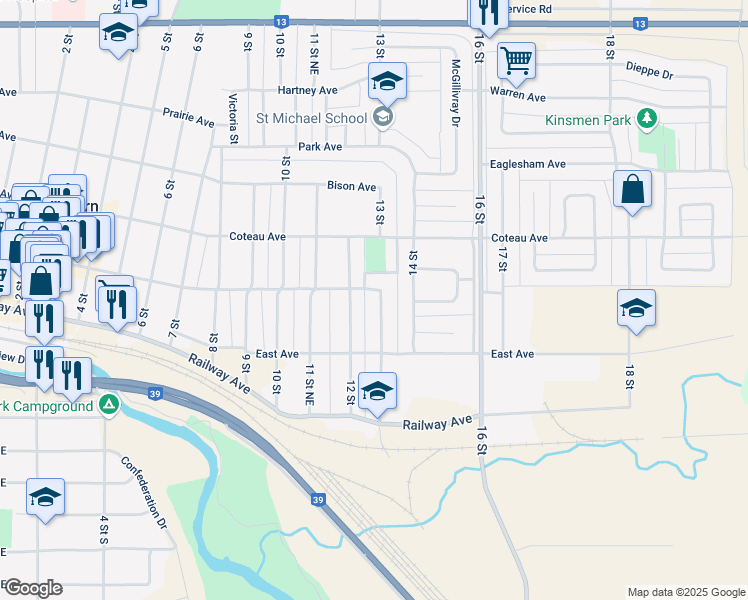 map of restaurants, bars, coffee shops, grocery stores, and more near 91 13 Street in Weyburn