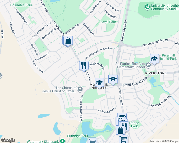 map of restaurants, bars, coffee shops, grocery stores, and more near 14 Mount Backus Crescent West in Lethbridge