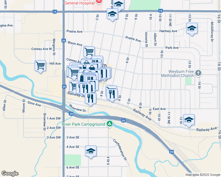 map of restaurants, bars, coffee shops, grocery stores, and more near in Weyburn