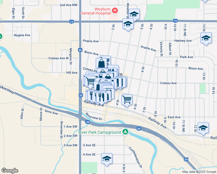 map of restaurants, bars, coffee shops, grocery stores, and more near 117 3rd Street Northeast in Weyburn
