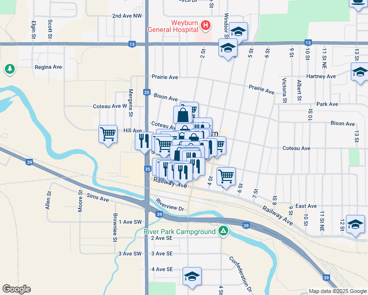 map of restaurants, bars, coffee shops, grocery stores, and more near 115 2 Street in Weyburn