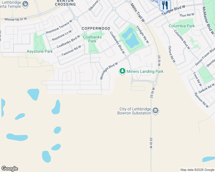 map of restaurants, bars, coffee shops, grocery stores, and more near 74 Moonlight Boulevard West in Lethbridge