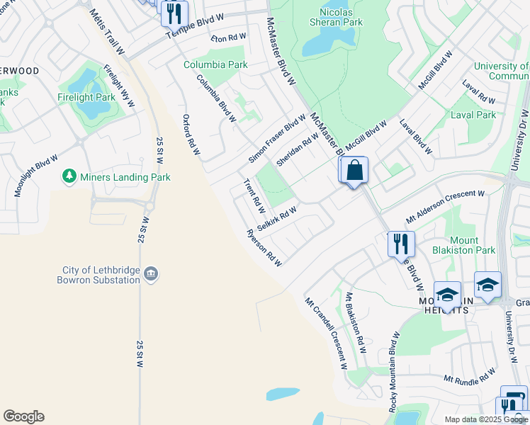 map of restaurants, bars, coffee shops, grocery stores, and more near 47 Trent Road West in Lethbridge