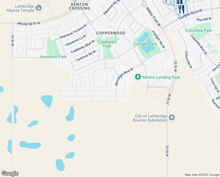 map of restaurants, bars, coffee shops, grocery stores, and more near 583 Moonlight Lane West in Lethbridge