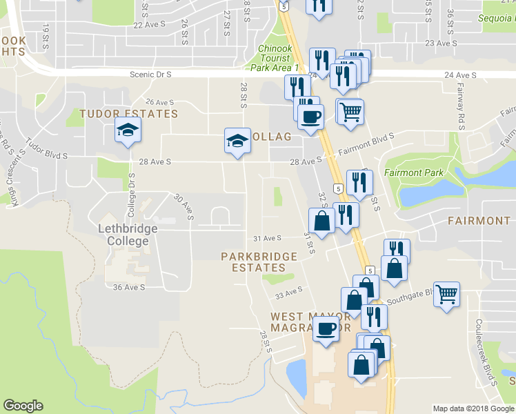 map of restaurants, bars, coffee shops, grocery stores, and more near 2928 29 Street South in Lethbridge