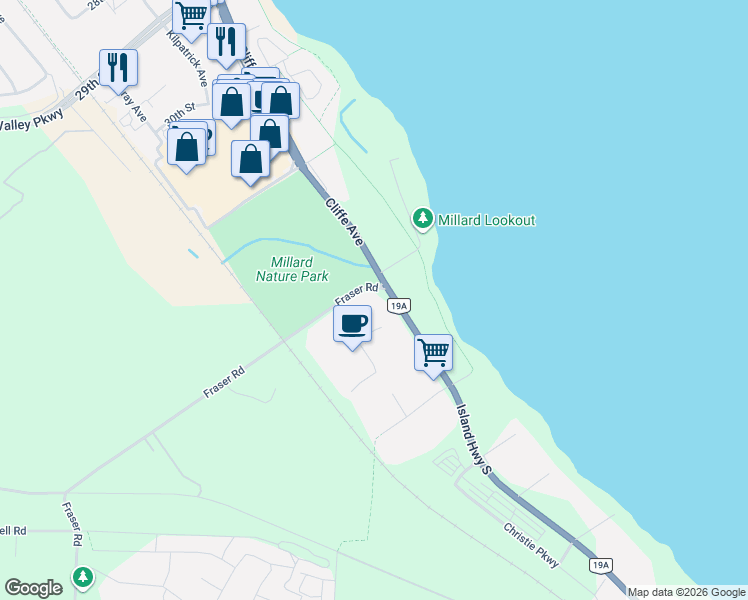 map of restaurants, bars, coffee shops, grocery stores, and more near 3479 Fraser Road in Courtenay
