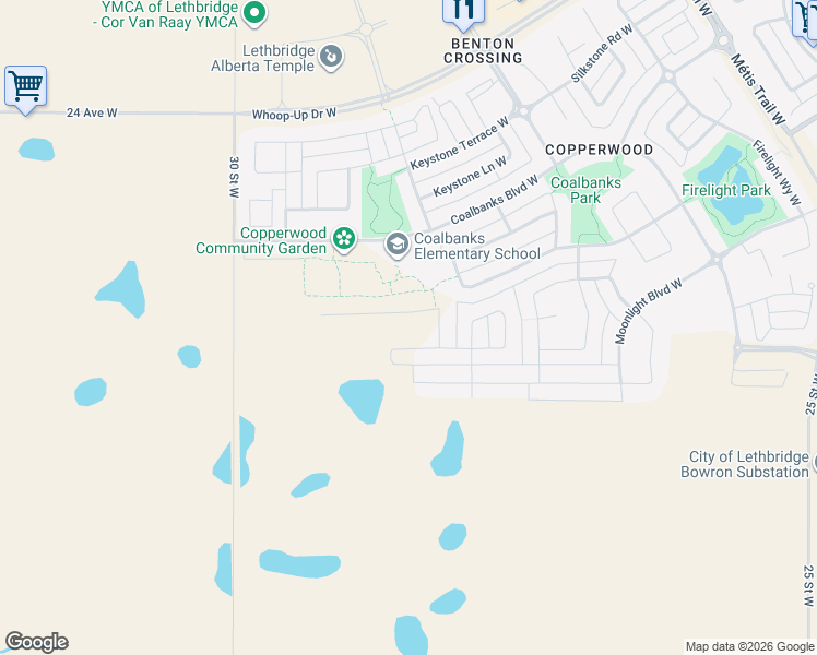 map of restaurants, bars, coffee shops, grocery stores, and more near 2425 30 Street West in Lethbridge