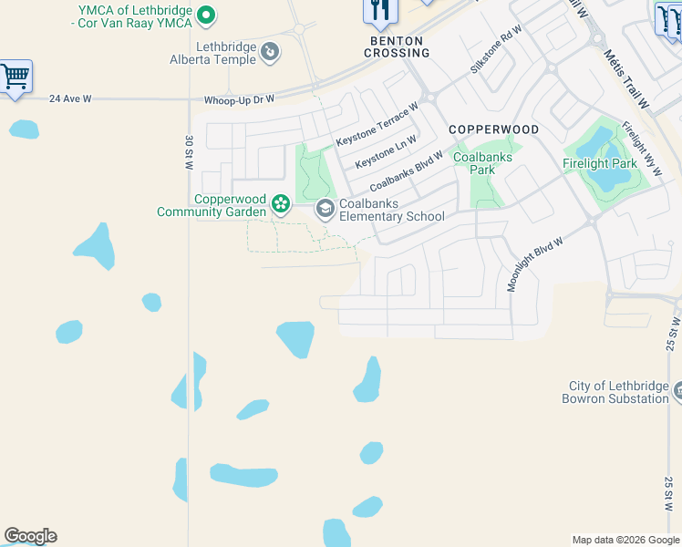 map of restaurants, bars, coffee shops, grocery stores, and more near 2425 30 Street West in Lethbridge