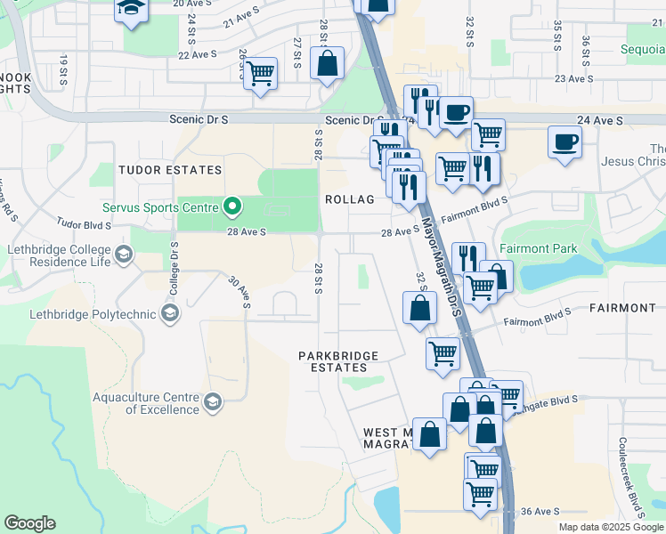 map of restaurants, bars, coffee shops, grocery stores, and more near 2928 29 Street South in Lethbridge