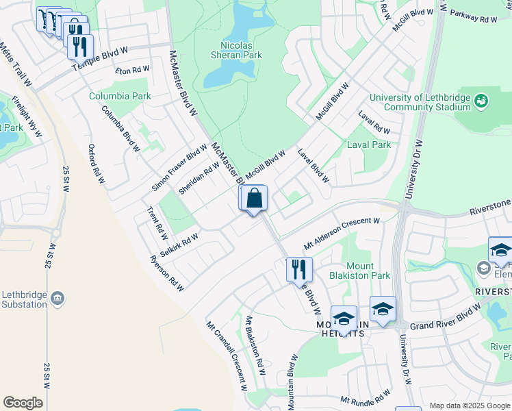 map of restaurants, bars, coffee shops, grocery stores, and more near McMaster Boulevard West & Columbia Boulevard West in Lethbridge