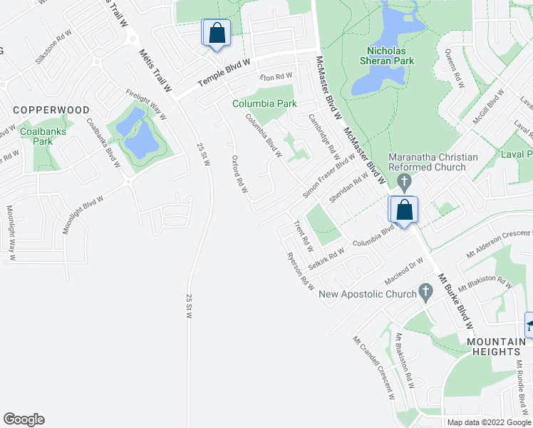 map of restaurants, bars, coffee shops, grocery stores, and more near 119 Simon Fraser Boulevard West in Lethbridge