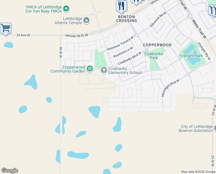map of restaurants, bars, coffee shops, grocery stores, and more near 374 Twinriver Road West in Lethbridge